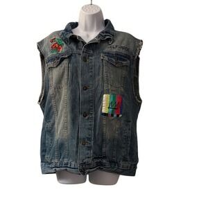 Brooklyn Cloth Mfg Co Denim Vest Womens XL Distressed Patches Graphic Print